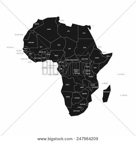 Simplified Schematic Map Of Africa. Vector Political Map In High Contrast Of Black And White.