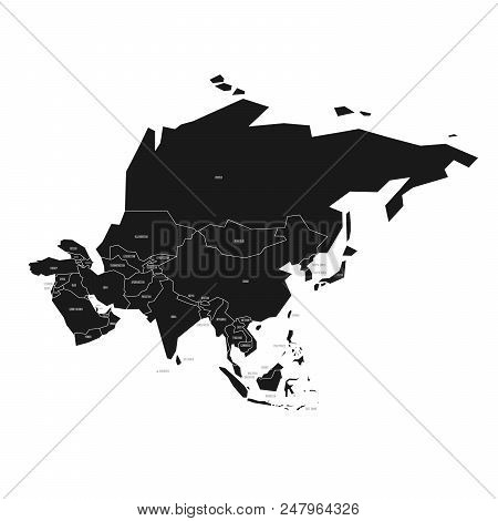 Simplified Schematic Map Of Asia. Vector Political Map In High Contrast Of Black And White.
