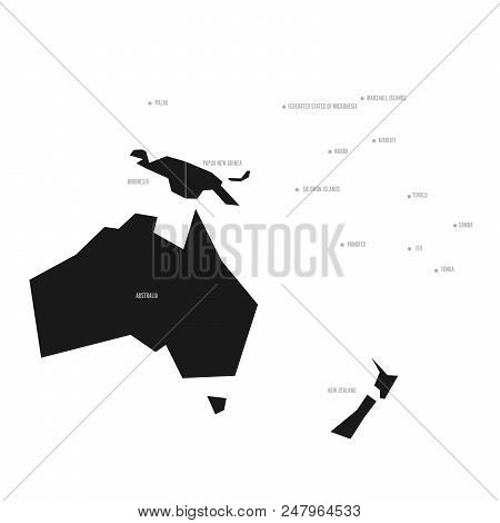 Simplified Schematic Map Of Australia And Oceania. Vector Political Map In High Contrast Of Black An