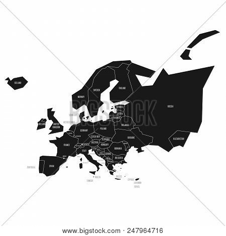 Simplified Schematic Map Of Europe. Vector Political Map In High Contrast Of Black And White.