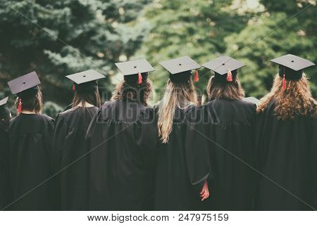 Group Of Graduated Students Back View Standing Ourside Between Trees.