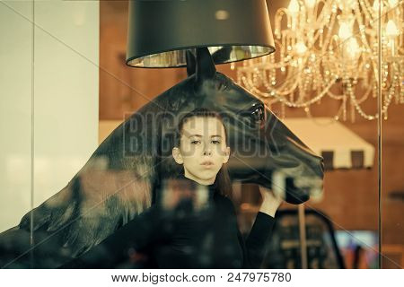 Shop Chandeliers. Girl Looks Sexi, Fashionable Indoors. Woman And Horse. Woman With Make Up And Seri