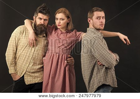 Friendship. Love Triangle Concept. Men, Woman On Pensive Faces, Black Background. Men In Checkered C
