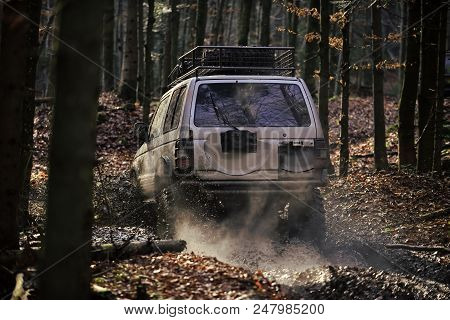 Competition Of Off-road Cars. Dirty Offroad Car With Fall Forest On Background On Sunny Autumn Day. 
