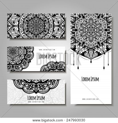 Set Of Business Cards With Ethnic Ornament. Wedding Invitatin Or Visiting Card, Banners, Flyer With 