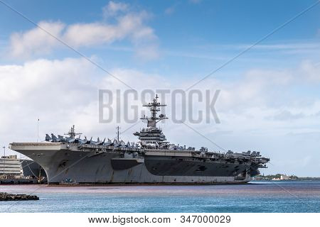 Oahu, Hawaii, Usa. - January 10, 2020: Pearl Harbor. Gray Abraham Lincoln Aircraft Carrier Docked Un
