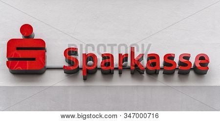 Trier, Germany - September 13 2019: Sign With The Logo Of The German Savings Bank - Sparkasse - On F