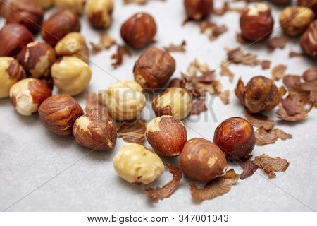 Grouping Of Filbert Hazlenuts Laying On A Stone Marble Top With Skin Peeling Off