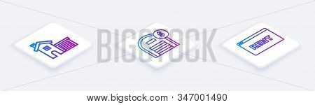 Set Isometric Line House, Warehouse With Dollar Symbol And Hanging Sign With Text Online Rent. White
