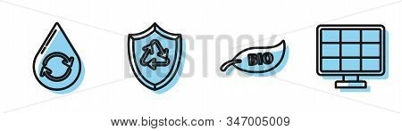 Set Line Leaf Bio Symbol, Recycle Clean Aqua, Recycle Symbol Inside Shield And Solar Energy Panel Ic