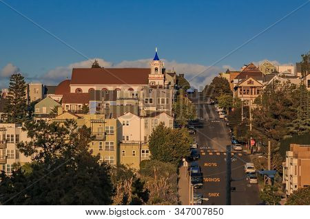 San Francisco City Skyline At Sunset With St. Teresa Of Avila Church, Viewed From Potrero Hill Towar