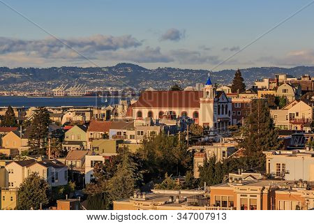 San Francisco City Skyline At Sunset With St. Teresa Of Avila Church, Viewed From Potrero Hill Towar