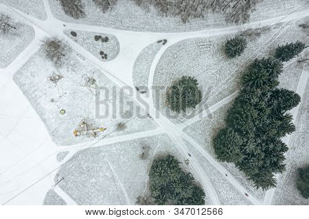 Top View Of City Park Walkway And Trees Covered With Snow. Aerial Top Down View