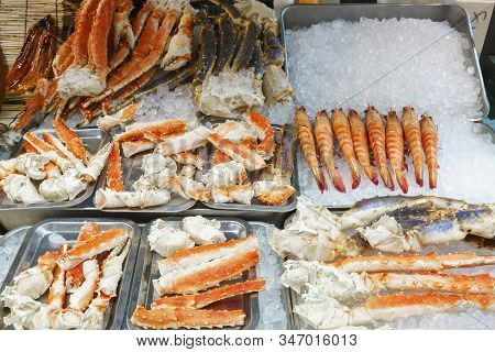 Frozen King Crab Legs Selling In Kurumon Market , Osaka , Japan