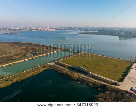 Aerial Photo Of The Old Bridge Dambovita Between Dambovita River And Morii Lake , Bucharest, Romania