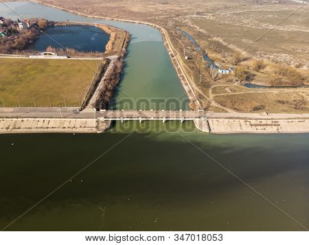 Aerial Photo Of The Old Bridge Dambovita Between Dambovita River And Morii Lake , Bucharest, Romania