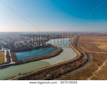Aerial Landscape Of The Dambovita River Close To Morii Lake , Bucharest, Romania.