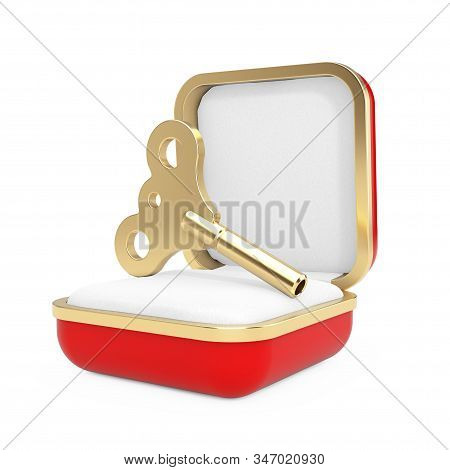 Golden Windup Key In The Red Gift Box On A White Background. 3d Rendering