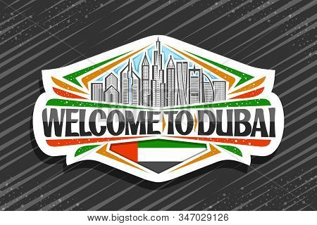 Vector Logo For Dubai, White Decorative Signage With Line Illustration Of Modern Dubai Cityscape On 