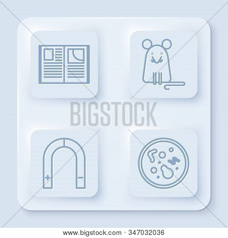 Set Line Open Book, Rat, Magnet And Bacteria. White Square Button. Vector