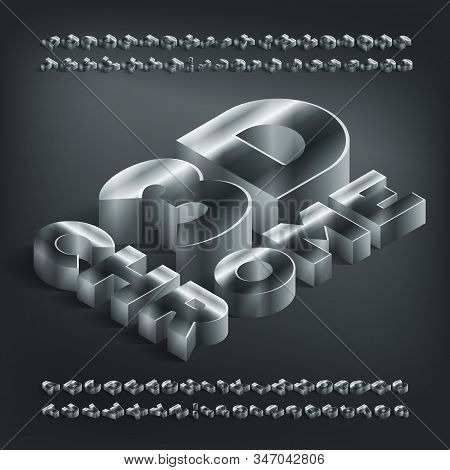 3d Chrome Alphabet Font. Isometric Metallic Letters And Numbers With Shadow. Stock Vector Typeface F