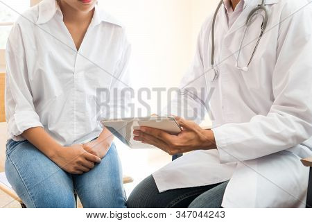 Healthcare Medical Concept, Doctor Psychiatrist Consulting Gynecological Female Illness, Use Pointin