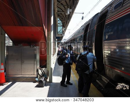 Washington D.c., Usa - June 3, 2019: A Amtrak Passenger Train From New York City Arrives At Union St