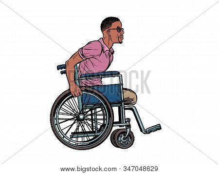 Legless African Man Disabled Veteran In A Wheelchair. Pop Art Retro Vector Illustration Kitsch Vinta