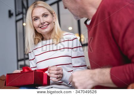 Beautiful Woman Getting Her Birthday Present Stock Photo