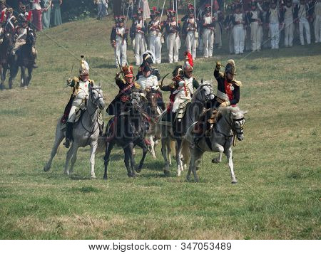 Waterloo, Belgium - June 18 2017: A Cavalry Charge During The Re-enactment Of The Battle At Waterloo