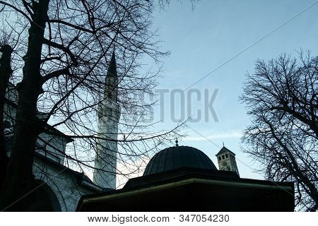 Roof And Minaret Of The Gazi Husrev Begova Mosque In Sarajevo. The Mosque Is One Of The Main Landmar
