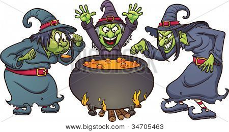 Cartoon Halloween witches with cauldron. Vector illustration with simple gradients. Each in a separate layer for easy editing.