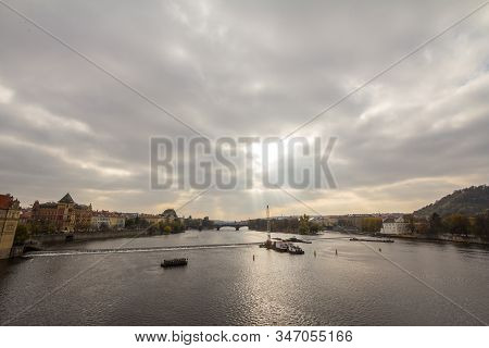 Panorama Of Prague, Czech Republic, Seen From The Vltava River, Also Called Moldau, With A Focus On 