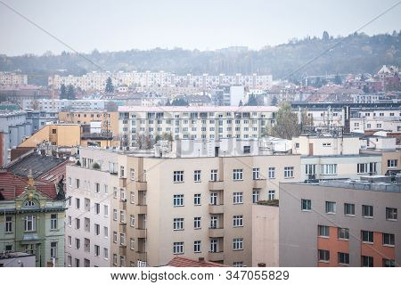 Panorama Of Czech Brutalist Buildings, Called Panelaky, In The Suburbs Of Brno, Czechia, During A Ra