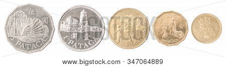 Macau Full Set Of Coins In A Row Isolated On White Background