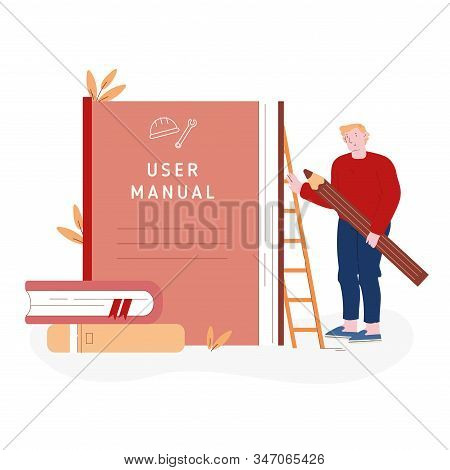 User Manual Tutorial Concept. User Reading Guidebook And Writing Technical Instructions. Male Charac