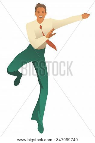 Elegant Man Wearing Vintage Style Clothes Dancing Retro Dance Isolated On White Background