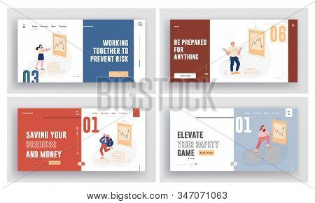 Investors Risking With Money On Stock Market Website Landing Page Set. Blindfold Businesspeople Step