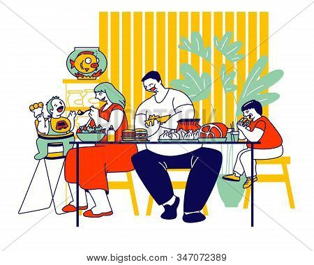 Family Unhealthy Eating Concept. Fatty Mother, Father And Children Sitting At Table With Plenty Of F
