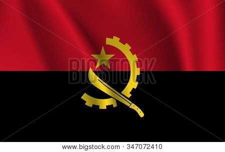 Flag Of Angola. Realistic Waving Flag Of Republic Of Angola. Fabric Textured Flowing Flag Of Angola.