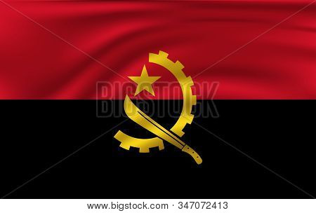 Flag Of Angola. Realistic Waving Flag Of Republic Of Angola. Fabric Textured Flowing Flag Of Angola.