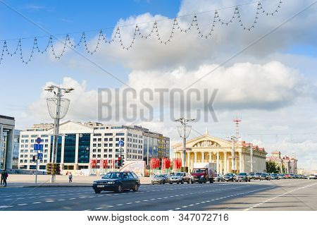 Minsk, Belarus - July 17, 2019: Traffic On A Central Independense Avenue. Independence Avenue  Is Th