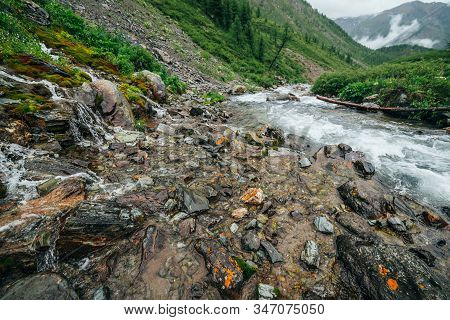 Scenic Landscape With Big Stones Near Mountain River. Powerful Water Stream Among Boulders In Mounta