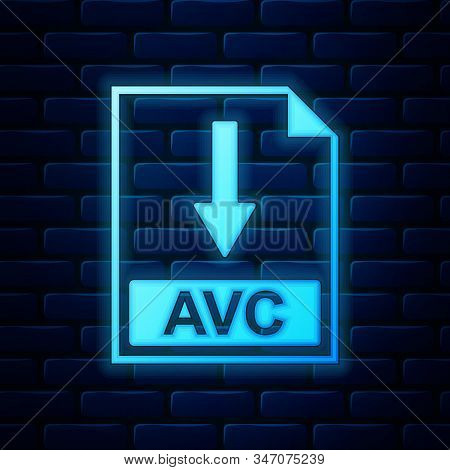 Glowing Neon Avc File Document Icon. Download Avc Button Icon Isolated On Brick Wall Background. Vec