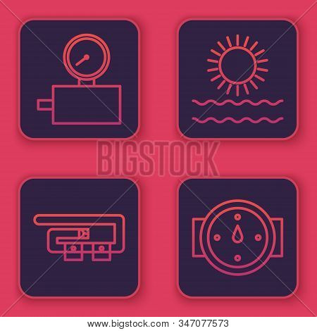 Set Line Gauge Scale, Diving Belt, Sun And Waves And Wind Rose. Blue Square Button. Vector
