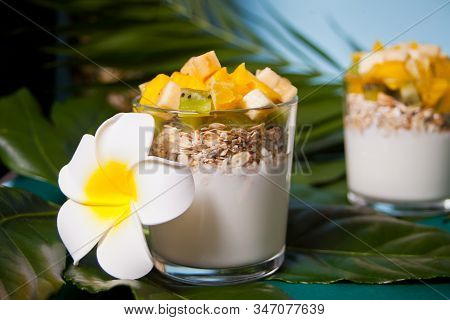 Exotic Tropical Fruit Salad With Muesli And Yogurt In A Glasses On The Palm Leaf.