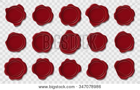 Realistic Wax Stamps. Envelope Red Wax Seal, Postmark Cachet And Retro Security Postage Certificate 