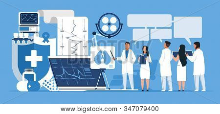 Pharmacy Concept. Trendy Cartoon Abstract Characters Doctors And Nurses With Medicine Education And 