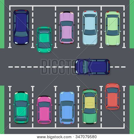 Street Car Parking. Top View Street Vehicle, Public Parking Zone Views And Auto Transport Parking Ar