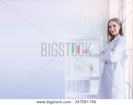 Pretty Scientist Work Reserching In Chemical Laboratory, Science And Healthy Or Medical Concept